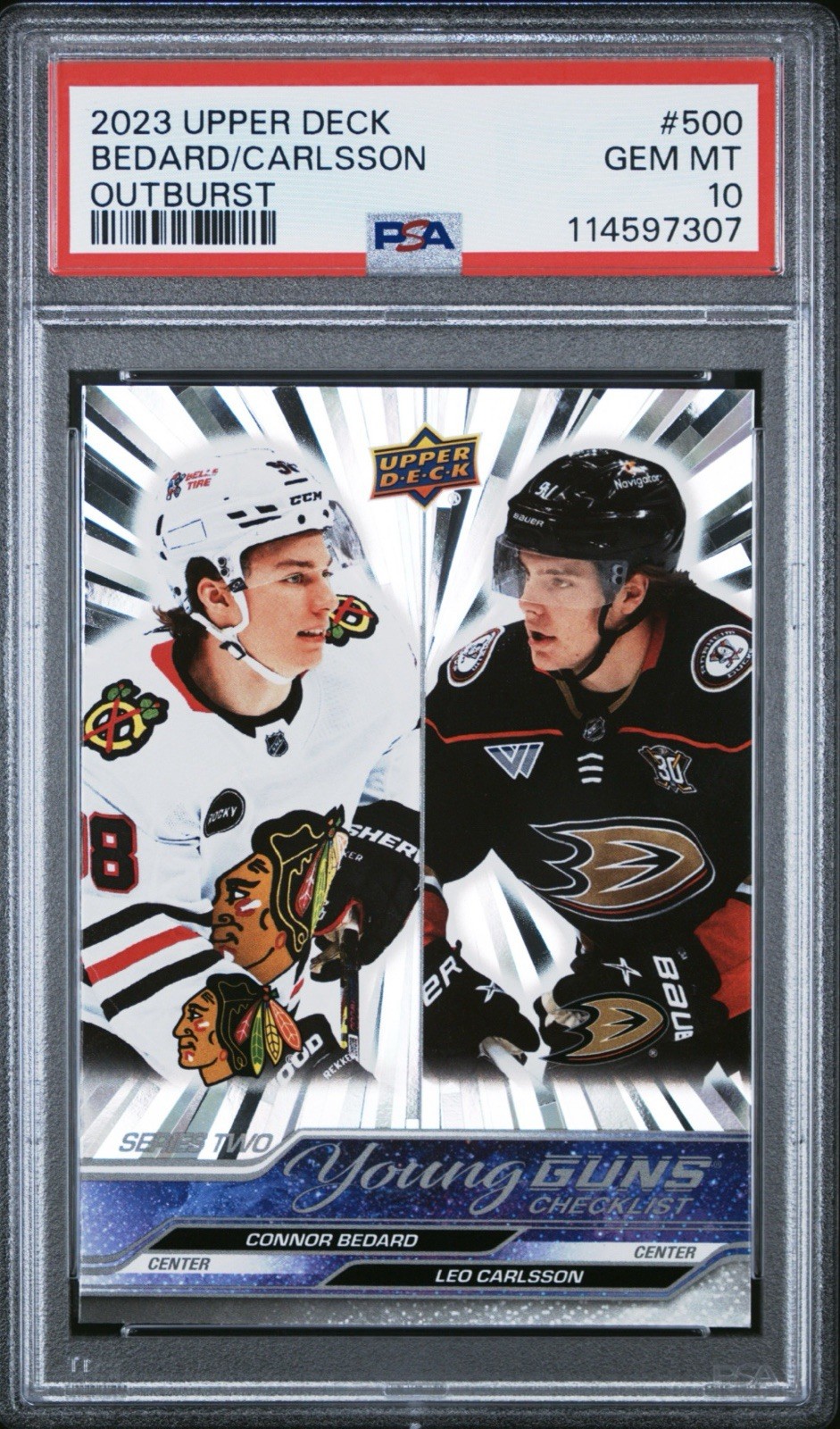 2023-24 Upper Deck Young Guns Checklist Bedard Carlsson Outburst Silver PSA 10