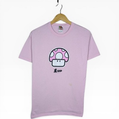Vintage 2004 Mario 1UP Pink Mushroom Cartoon Graphic T-Shirt Medium Nintendo
