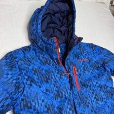 Columbia Kids Blue Black Geometric Print Hooded Winter Snow Jacket Size L