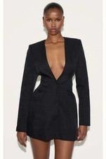 PRETTYLITTLETHING Black Deep V-Neck Long Sleeve Bodycon Mini Dress US 10