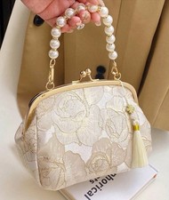 Vintage Elegant Floral Brocade Evening Bag with Pearl Handle
