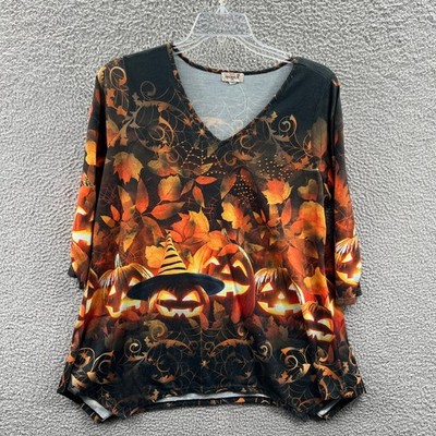 Womens Halloween Stretch Top 1X Pumpkin Witchy Spider Web Cozy Graphic Autumn