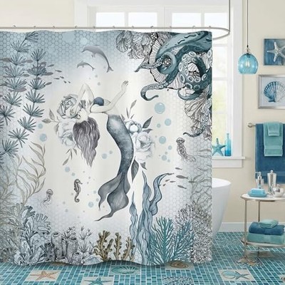 Mermaid Shower Curtain, Octopus Coral Fish Teal and Blue Sea Ocean Shower 