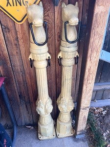 PAIR OF ANTIQUE PAINTED CAST IRON HORSE HEAD HITCHING POSTS