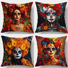 4 Floral Sugar Skulls, Skeltons Cushion Covers.  18" x 18"
