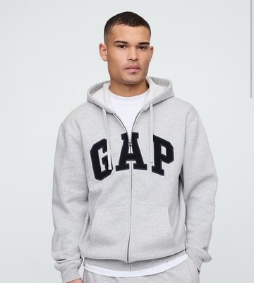 Gap Men's Gray Logo Full Zip Hooded Long Sleeve Cotton Hoodie Size M