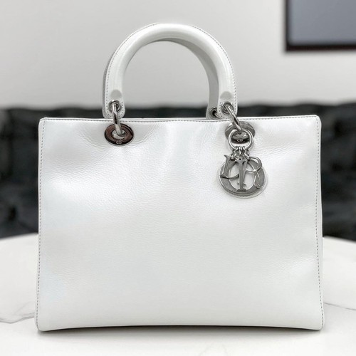 Auth CHRISTIAN DIOR Lady Dior Large Lambskin Leather Handbag White Silver
