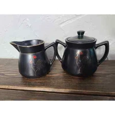 VINTAGE BLACK REDWARE CREAM SUGAR 2Piece Rooster Design Japan