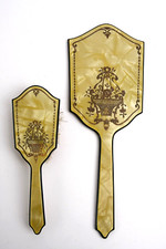 Vintage ART DECO Pearlized YELLOW Celluloid HAND MIRROR  HAIR BRUSH Set