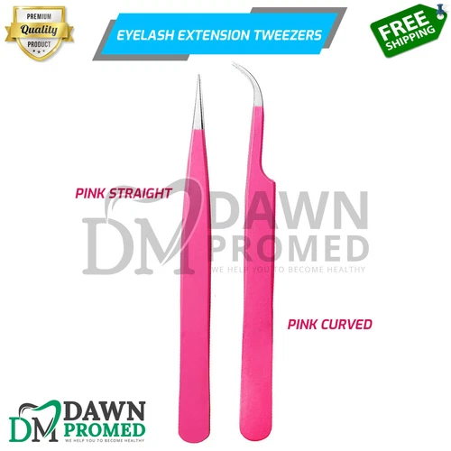 2 Pcs Pink Eyelash Extension Tweezer Set Straight & Curved Volume Lash German Gr - product listing photo