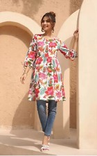 Women Tunic wear; White/Blue Floral Printed A-line Pleated Cotton Tunic Kurti