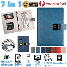 7IN1 Wired Wireless Charging Notebook Smart Fingerprint Lock Leather Notepad MP4
