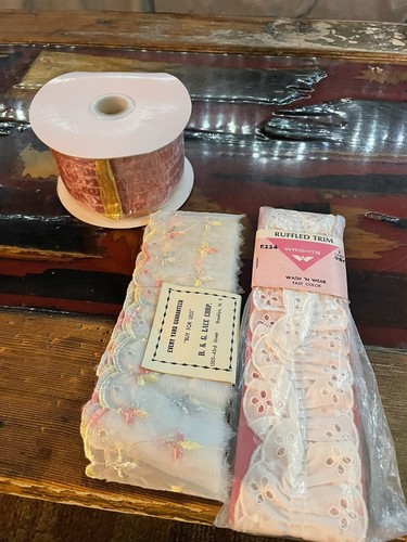 Vintage Pink Crushed Velvet Wired Ribbon 2.5” X 10yds + B&G Lace 2yds Trim 1yd - Picture 6 of 6