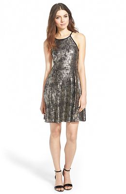 Soprano High Neck Metallic Skater Dress Gold Black Sz Small Jr Strap New |  eBay