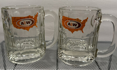 Set of 2 Vintage A&W Restaurant Glass Root Beer Mugs 4.25'' Tall 3'' Wide