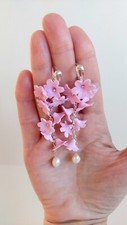 Flower Pink Earrings Long Clustet Wedding Pearl Handmade Earrings
