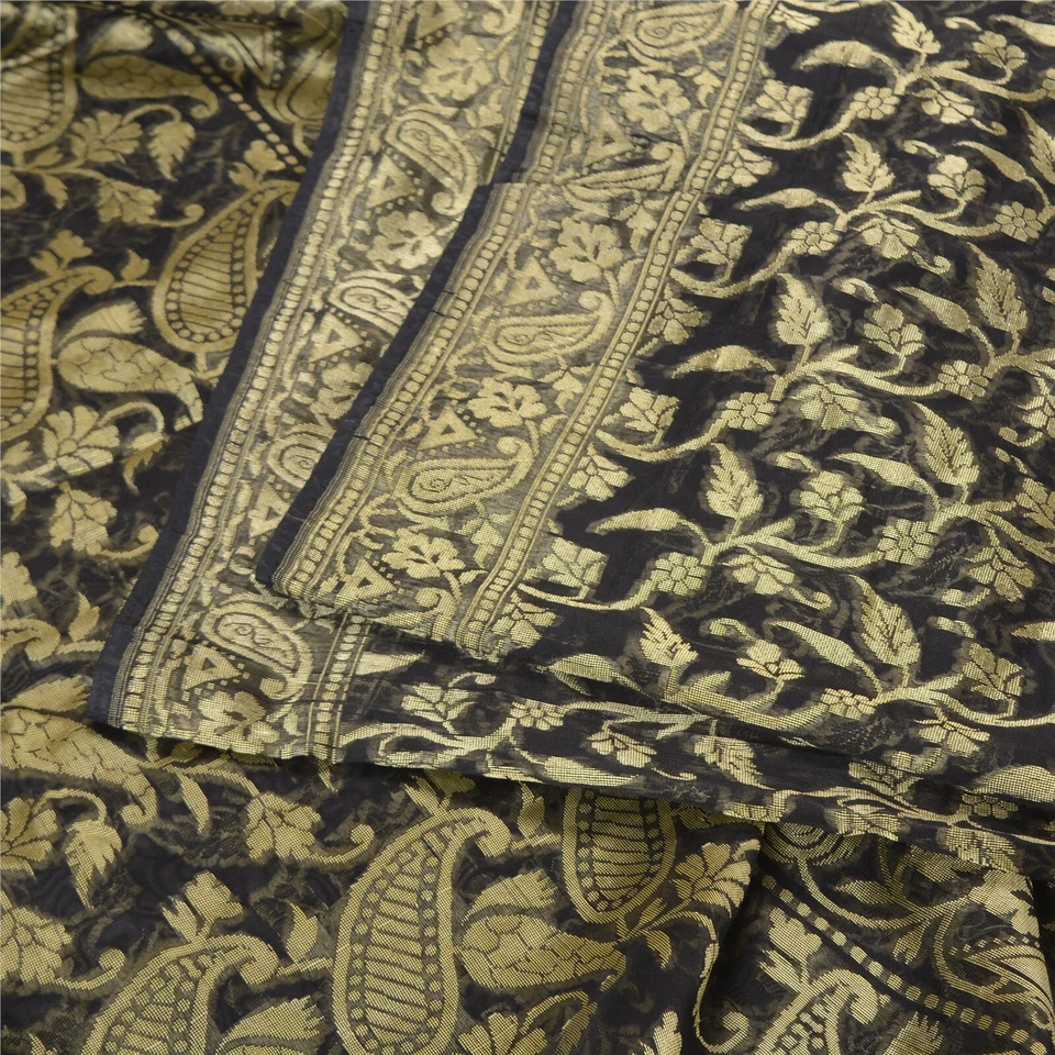 Tecido para artesanato Sari premium tecido de seda mistura Sarees indiano preto vintage sânscrito - Imagem 3 de 4