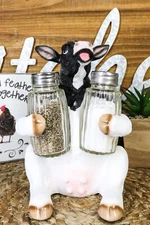 Holstein Cow Glass Salt and Pepper Shaker Set with Holder Figurine Tabletop