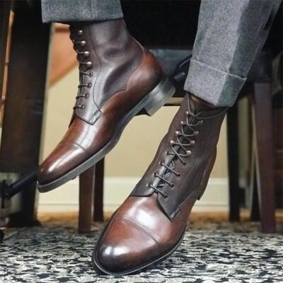 Men Short Boots Brown PU Low Heel Wing Tip Lace Up  Dress Shoes