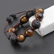 12MM Tiger Eye Volcanic Lava Stone Adjustable Beaded Bracelet Healing Gemstone