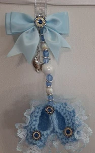 Pram charms*new*Blue Boys booties  pram charm hand knitted With Silver Dummy