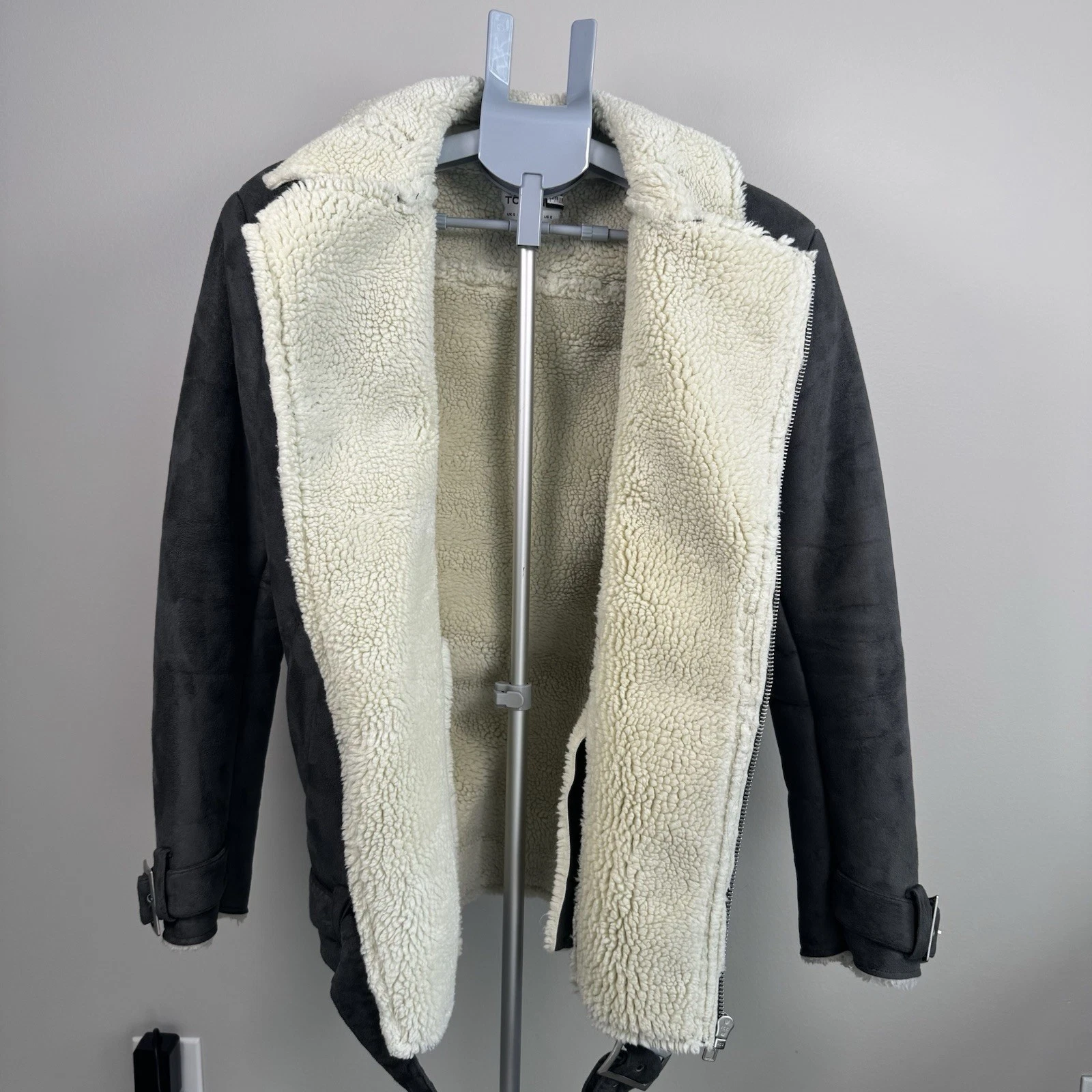 Topman Gray Faux Shearling Jacket Coat - Men's Size Small -  Zipper Closure image 11