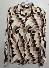 1970s Sears Vtg Disco Shirt Brown Abstract Geometric Hippie Men  s M/L Nylon MCM