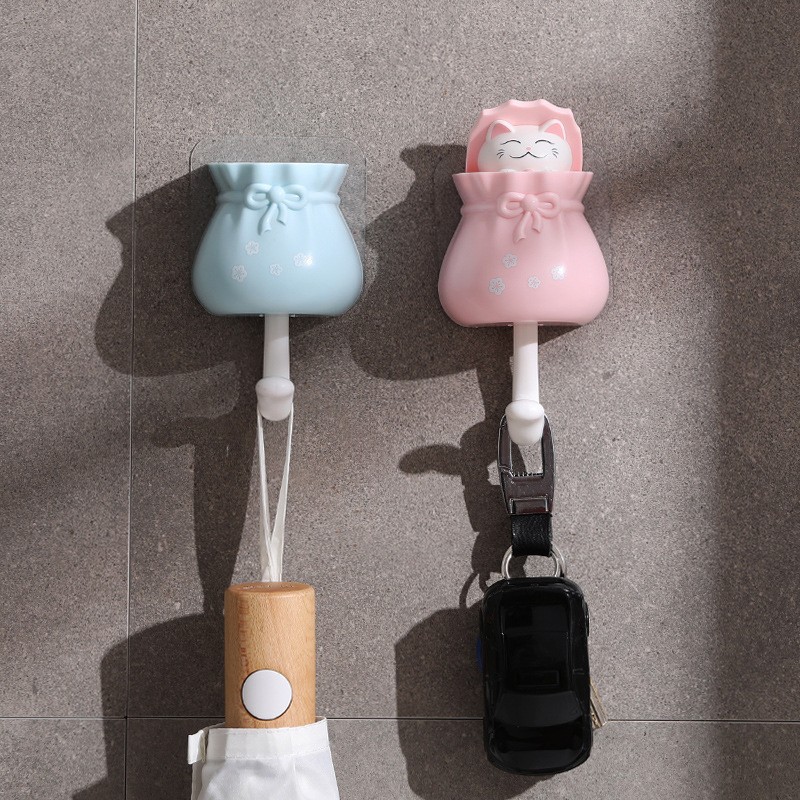 (Pink)Cute Wall Coat Hook Lucky Bag Cat Shape Punch Self Adhesive JY.