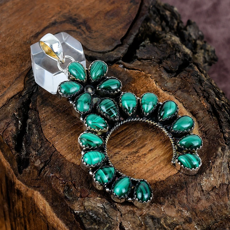 Ювелирные изделия юго-запада малахит драгоценный камень серебро ручной работы кулон навахо 3,00 дюйма - Изображение 4 из 4