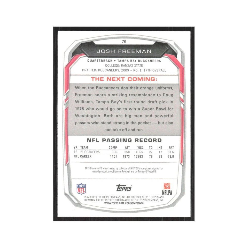 2013 Bowman Josh Freeman Buccaneers #76 - Image 2 of 3
