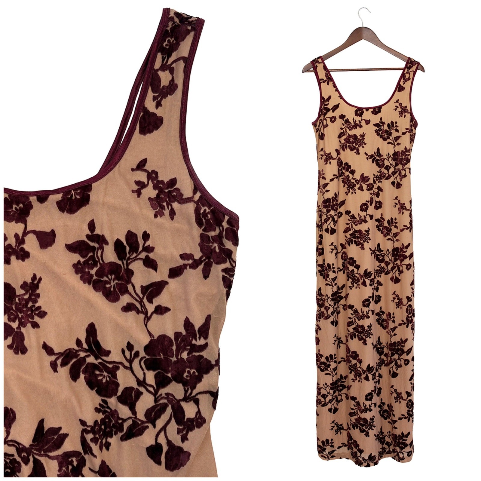 VTG 90s Rampage Velvet Burnout Floral Maxi Dress L Nude Maroon Y2K Grunge Goth