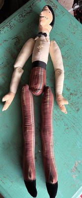 Vintage Puppe mit langen Armen & Beinen bestickten Gesichtsknöpfen