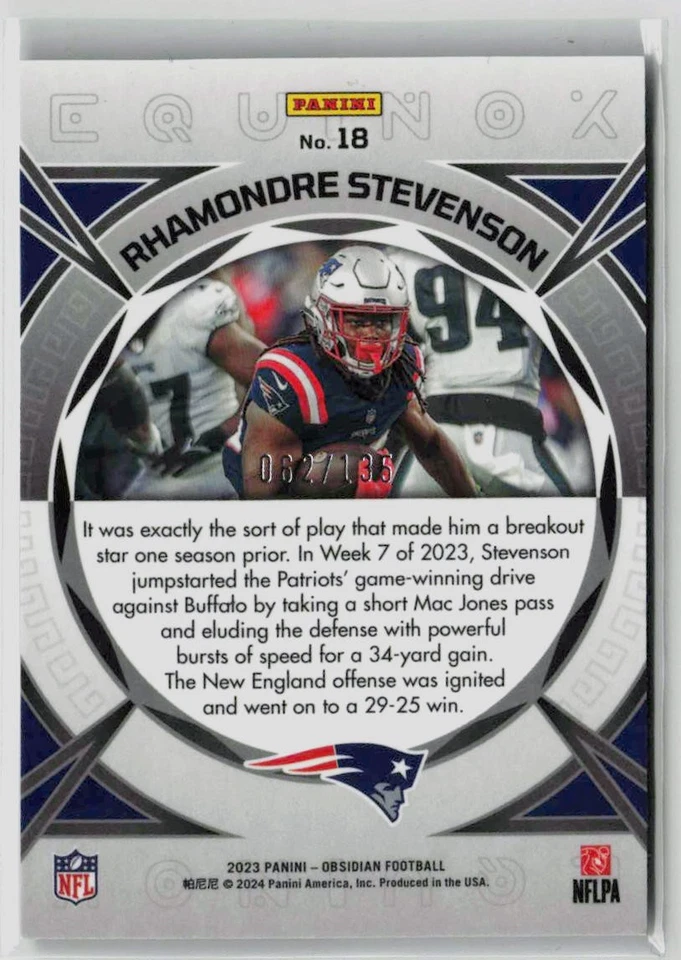 2023 Panini Obsidian #18 Rhamondre Stevenson Equinox #/135 - Image 2 of 2