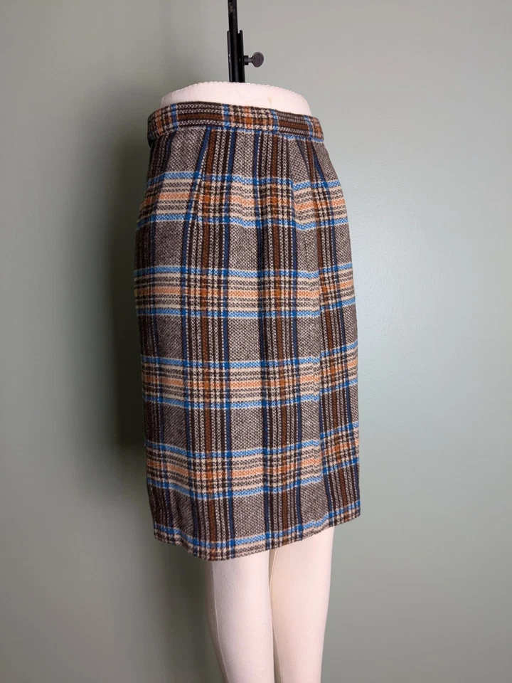 Falda lápiz de lana de cintura alta a cuadros True Vintage años 60 azul naranja marrón  Foto 4 de 4