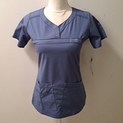 Wonder Flex Premium Stretch Womens XXS Slate Blue Short Sleeve V