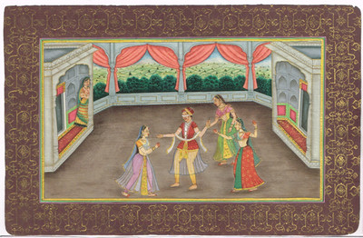 Mughal Miniature Painting Of Prince Sporting with Harem Inmates Painting  9.5x6''