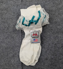 Vintage Lace Ruffle Socks Womens 9-11 Nylon Coquette White Teal Ribbon Girly Y2K