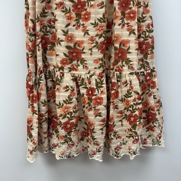 American Eagle Autumn Floral Embroidered Tiered Swing Mini Dress Beige Small