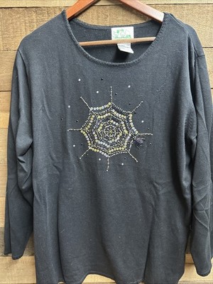 Quacker Factory Halloween Black Embellished Spider Web Tunic Sweater 1X