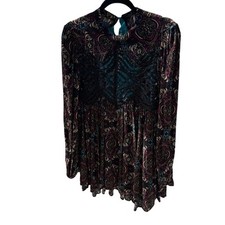 NWOT Womens Free People Peasant Black Tan Pink Pattern Long Sleeve Dress Size S