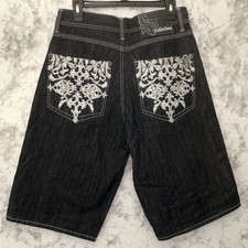 Vintage Y2K Southpole Collection Baggy Embroidered Black Denim Shorts Sz 32