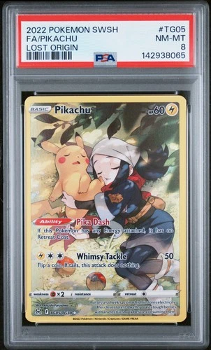 2022 POKEMON SWORD & SHIELD LOST ORIGIN #TG05 FULL ART/PIKACHU PSA 8