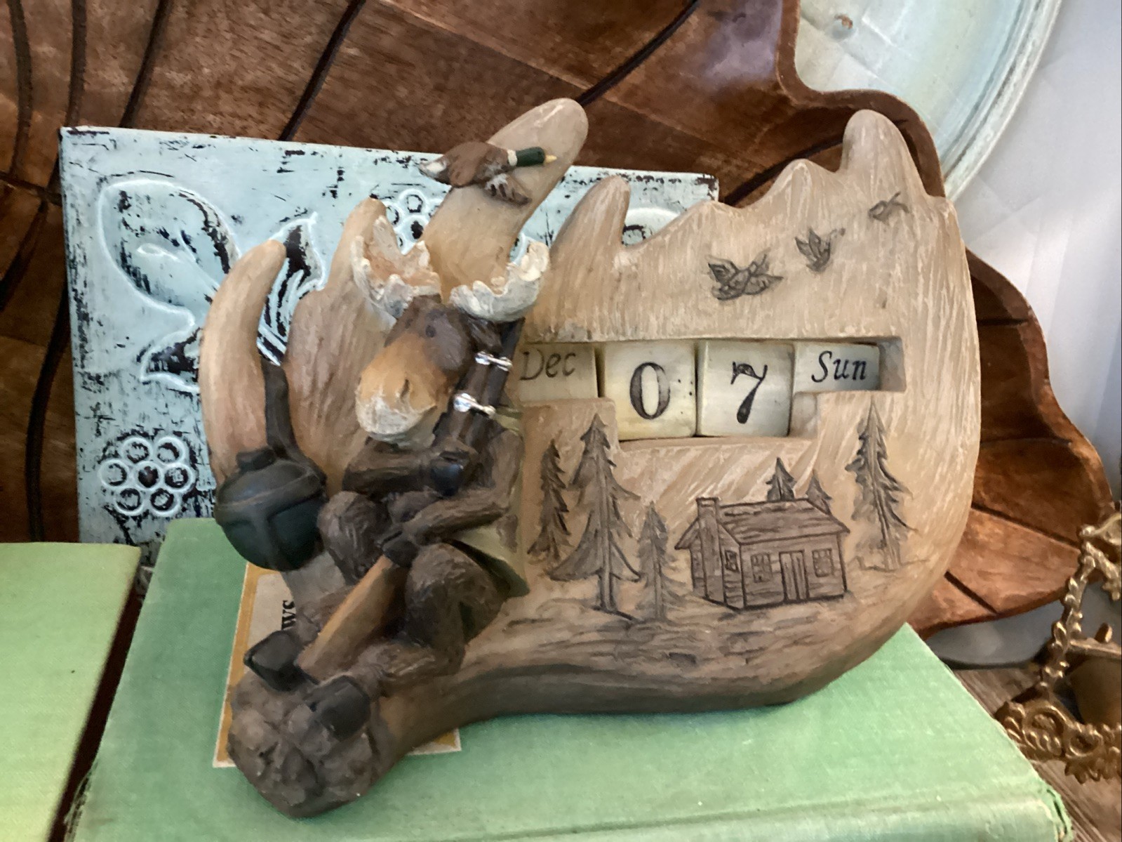 Moose Perpetual Calendar Rustic Cabin Ducks Rifle Mock Antler Shape Rare Gift