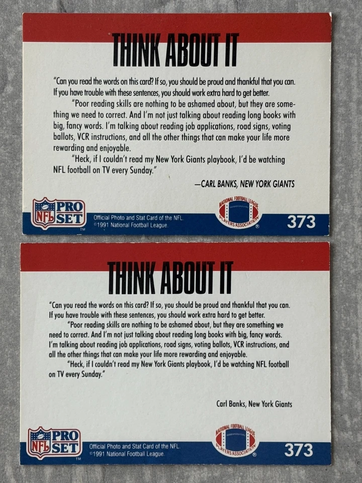 (2) 1991 Pro Set CARL BANKS "Font Size" Error & Correct Variation Cards #373 - Image 2 of 2