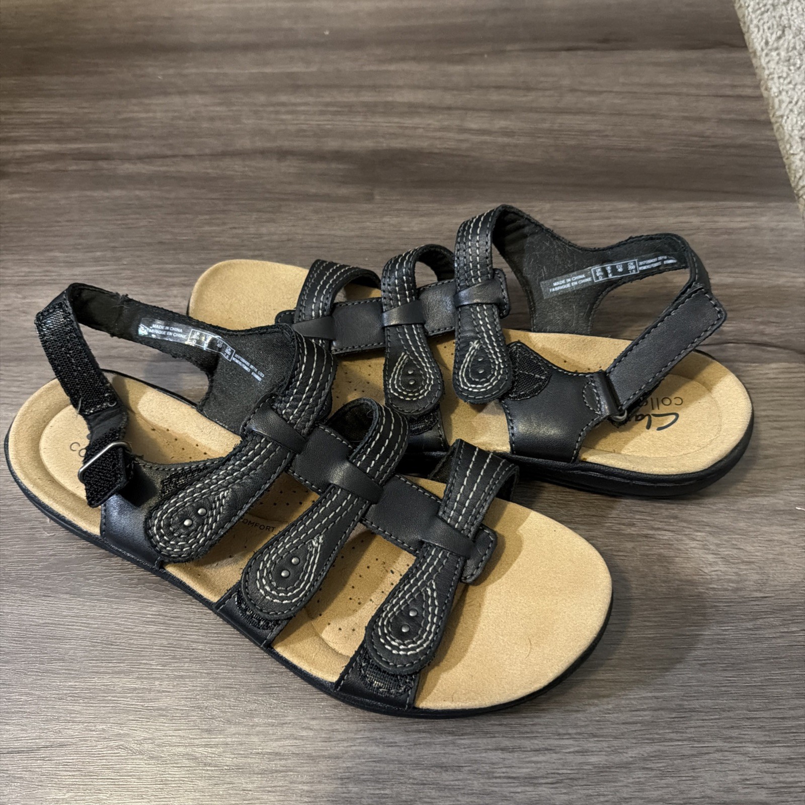 Clarks Women's Laurieann Vine Strappy Sport Sandals Black Leather Size 9M