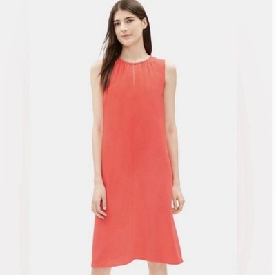 Eileen Fisher Red Lory Coral Tencel Crepe Sleeveless Shift Dress -size Medium