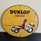 VINTAGE DUNLOP TUBELESS CAREFREE MOTORING GASOLINE OIL PORCELAIN SIGN
