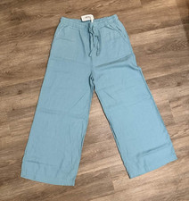 NWT Zenana Women's Linen Wide Leg Summer Elastic Waist Pants Blue Medium