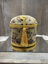 Vintage Tapestry Fabric Covered Storage Sewing Oval Box with Padded Lid & Tassel