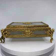 VTG Hollywood Regency White Smoky Glass Gold Brushed Metal Hinged Jewlery Box